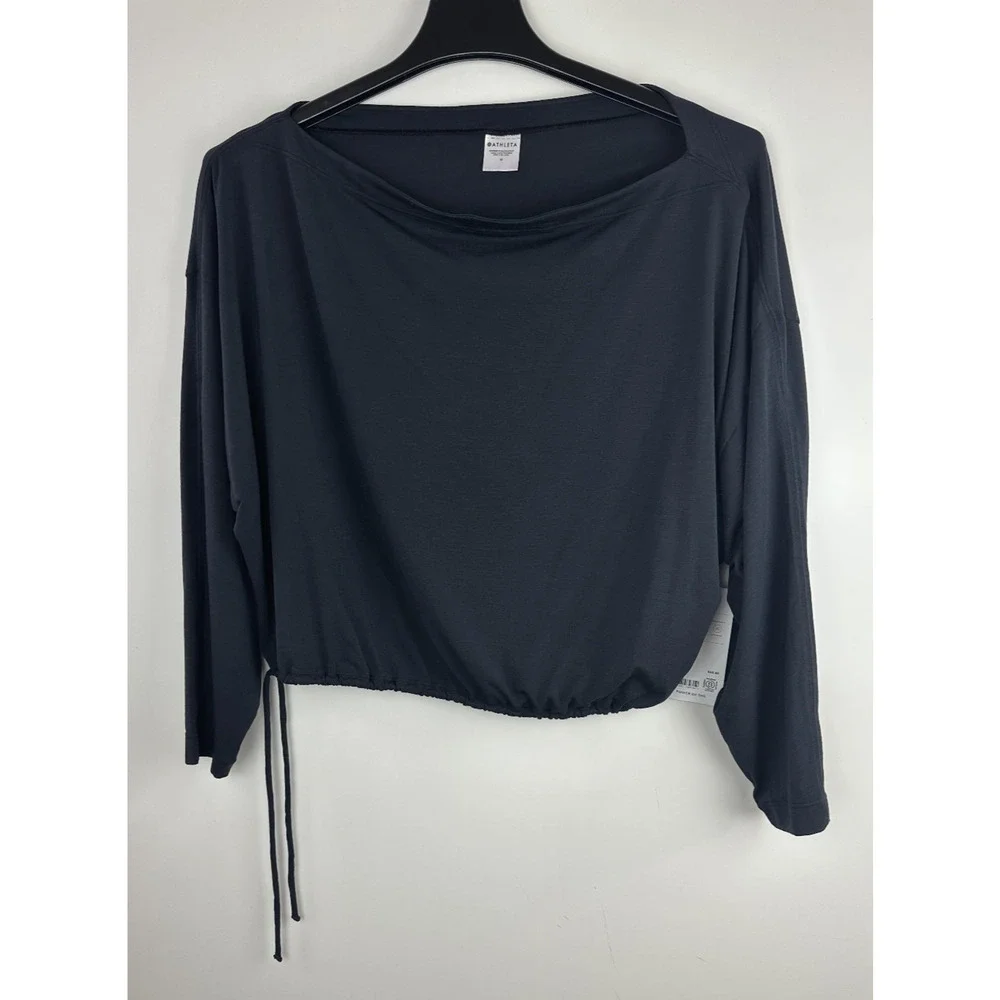 NWT Athleta Cool Down Black Long Sleeve Modal Drawstring Yoga Top Size Medium M - Picture 2 of 13